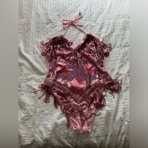 Star Pattern Sparkling Sequin Fringe Backless Halter Playsuit